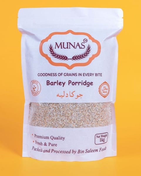 MUNAS Barley Porridge (jo dalia) 1 kg pack on a yellow background