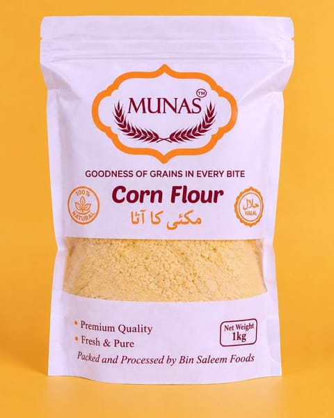 MUNAS Corn Flour (makki ka atta) 1 kg pack on a yellow background