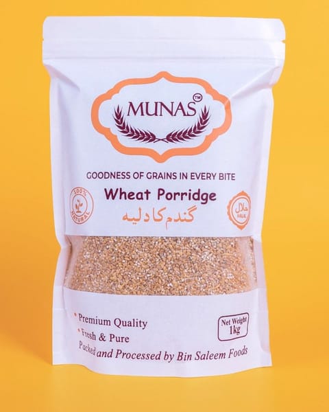 MUNAS Wheat Porridge (gandum dalia) 1 kg pack on a yellow background